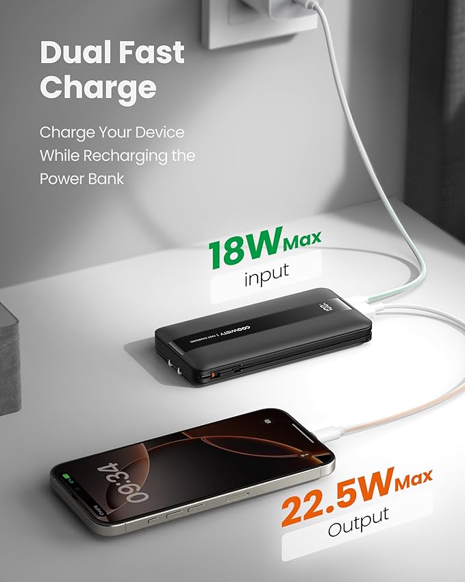 Portable Charger with Foldable AC Wall Plug, Fast Charging 10500mAh 22.5W Power Bank with Built-in Cables, 4 Outputs 3 Inputs LED Display Slim Battery Pack Compatible with iPhone/Android (Black)