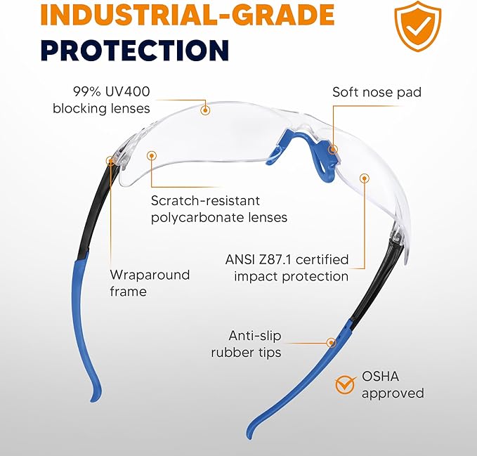 Clear Safety Glasses 12 Pack, Protective Eyewear UV Protection ANSI Z87.1, Safety Goggles Scratch & Impact Resistant, Eye Protection with Nose Pads for Men & Women Construction, Shooting, Lab Work