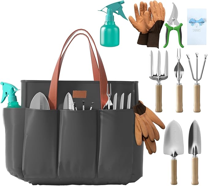 VerdantVibes 9-Piece Garden Tool Set - Heavy Duty Gardening Hand Tools with Ergonomic Non-Slip Grips, Rust-Resistant Shovel, Trowel, Rake, Pruner & Storage Bag - Ideal Gardening Gifts for Women