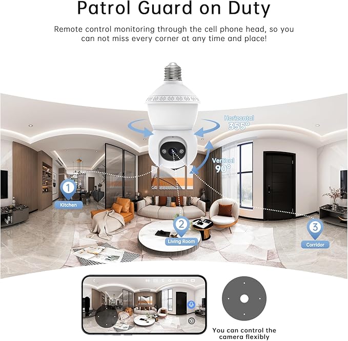 Light Bulb Camera Outdoor,5G& 2.4G WiFi Security Cameras Wireless Outdoor,3MP& 360° PTZ Light Bulbs Camera, Night Vision, AI Human Detection&Alarm, 2-Way Audio, Cloud Storage