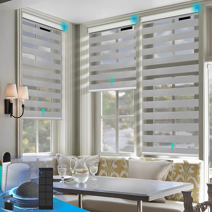 DENFOON Motorized Zebra Blinds, Solar Powered Dual Layer Automatic Shades with Remote Control, Rechargeable Smart Blinds Horizontal Wireless Electric Shades for Windows, Custom Size, Gray， 48 x 72