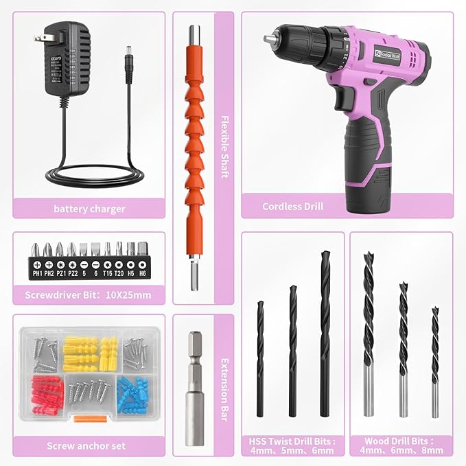 Cordless Drill Set, 12V Power Drill Set with Battery and Charger, 3/8'' Keyless Chuck, 21+1 Torque Setting, 180 inch-lbs, Pink Electric Drill for Women's Garden DIY Projects（Pink)