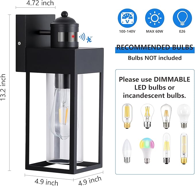 Motion Sensor Outdoor Wall Lanterns 2 Packs, Dusk to Dawn Exterior Light Fixture, 3 Lighting Modes, Waterproof Front Porch Lights for Garage Patio Garden House Entryway, Black.