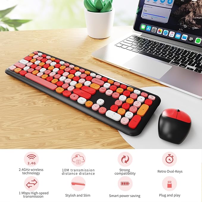 Wireless Keyboard and Mouse Combo, Colorful Ergonomic Full Size Retro Low-Noise Keyboard with Cute keycaps, Compatible with Windows, PC, Perfer for Home and Office Keyboards (Black)