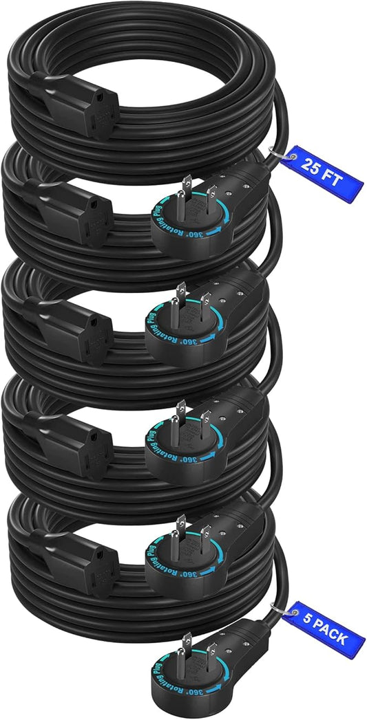 Maximm Cable 25 Feet (5 Pack), 360° Rotating Flat Plug Extension CordWire, 3 Prong Grounded Wire 16 Awg Power Cord - Black - UL Certified