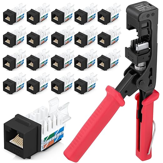 Everest easyJACK - 45° Angled Speed Termination Keystone Tool Set - with 20-Pack of RJ45 Cat6 Keystone Jacks in Black (Slim Profile Design) - Time Saver Network Punch Down Tool Cat6