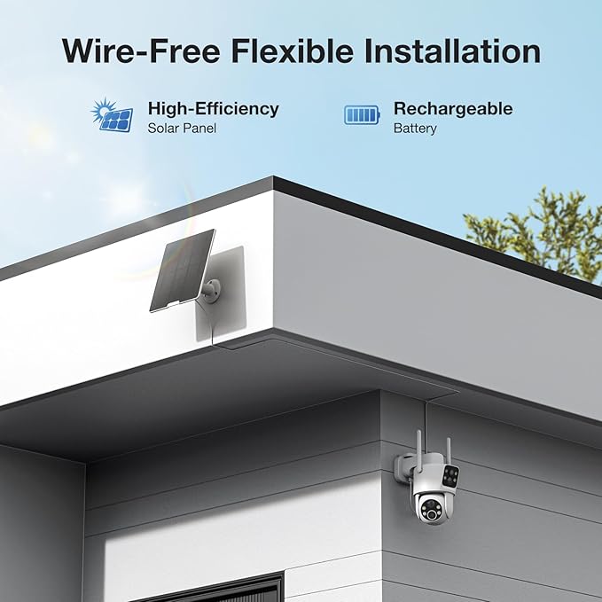 2 Pack Dual Lens Solar Security Cameras Wireless Outdoor, 2K Full HD Video, 360° View Pan/Tilt Home Security Camera with Color Night Vision, Easy to Install （2pack）