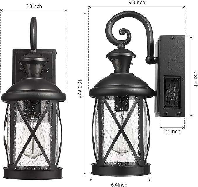 Darkaway Motion Sensor Outdoor Wall Light, Dusk to Dawn Outdoor Porch Light with GFCI Outlet Waterproof Exterior Wall Sconce with Seeded Glass Black Wall Mount Lighting Fixture for House Patio Garage