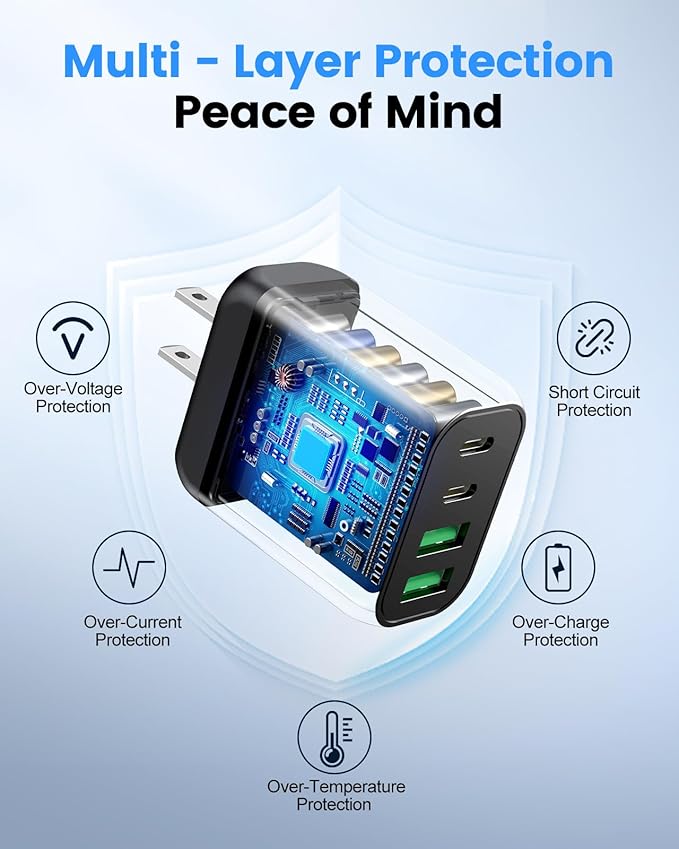 40W USB C Charger Block, 2-Pack 4-Port Fast Charging Block Power Adapter, Dual PD & QC Type-C Multiport Wall Charger for iPhone 16 15 14 13 12 11 Pro Max, Samsung, Tablets