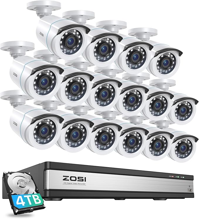 ZOSI H.265+ 16CH Security Camera System with AI Human Vehicle Detection, 16CH DVR with 4TB HDD for 7/24 Record, 16 x 1080p CCTV Camera Outdoor Indoor with 80ft Night Vision°Wide Angle, 90°Wide Angle