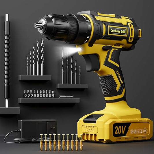 Cordless Drill Set, 20V Power Drill with Power Pack 2.0Ah and Charger, 3/8-Inch Keyless Chuck Electricdrill, 25+1 Torque, 42pcs Drilldriver Bits/Screws for DIY Projects (Yellow)