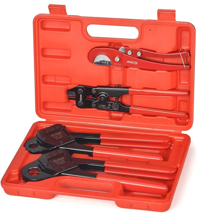 iCrimp IWS-1807CN PEX Crimping Tool Kit with PEX Crimpers, PEX Tubing Cutter, Copper Ring Removal Tool for 1/2’’ & 3/4’’ Copper Crimp Rings, Meets ASTM F1807 Standard