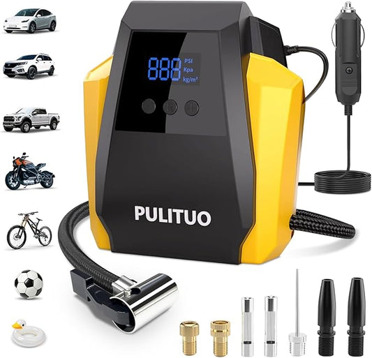 PULITUO Tire Inflator Portable Air Compressor - Car Accessories 12V DC Air Pump for Car Tires with Digital Pressure Gauge, Emergency LED Light for Wheel, Bike, Ball, Motor