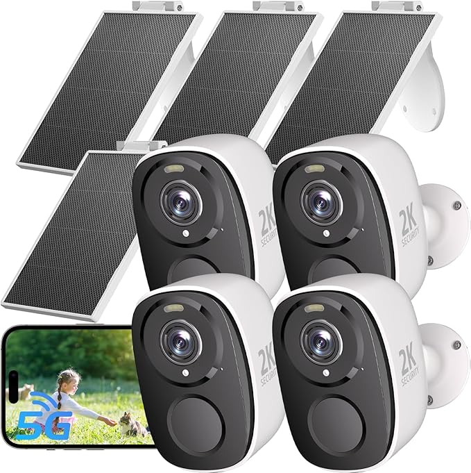 2.4&5ghz WiFi Solar Security Cameras Wireless Outdoor,2K QHD Home Security System, 4 Cameras Kit with 130° Ultra-Wide View, 2-Way Talk, IP65,Color Night Vision, Spotlight & Siren (4, White)