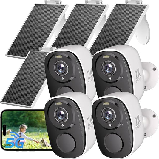 2.4&5ghz WiFi Solar Security Cameras Wireless Outdoor,2K QHD Home Security System, 4 Cameras Kit with 130° Ultra-Wide View, 2-Way Talk, IP65,Color Night Vision, Spotlight & Siren (4, White)
