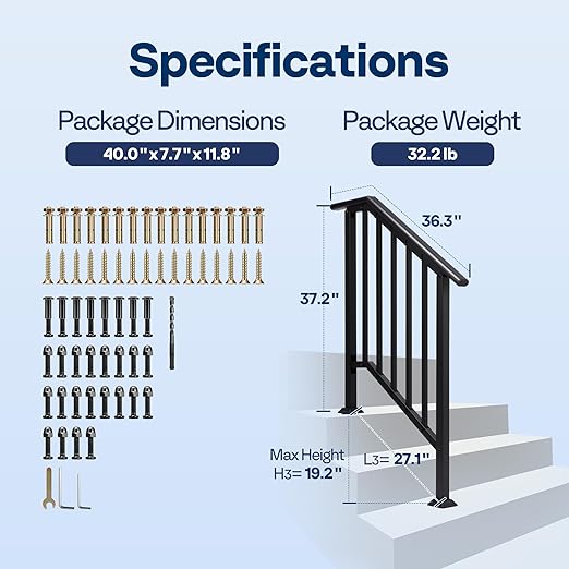 VIVOHOME 2-Pack 3 Step Galvanized Steel Hand Rails for Outdoor Steps – Black Oval and Safety Balusters Exterior Railing for Porch, Deck, or Indoor Stairs, Complete Installation Kit