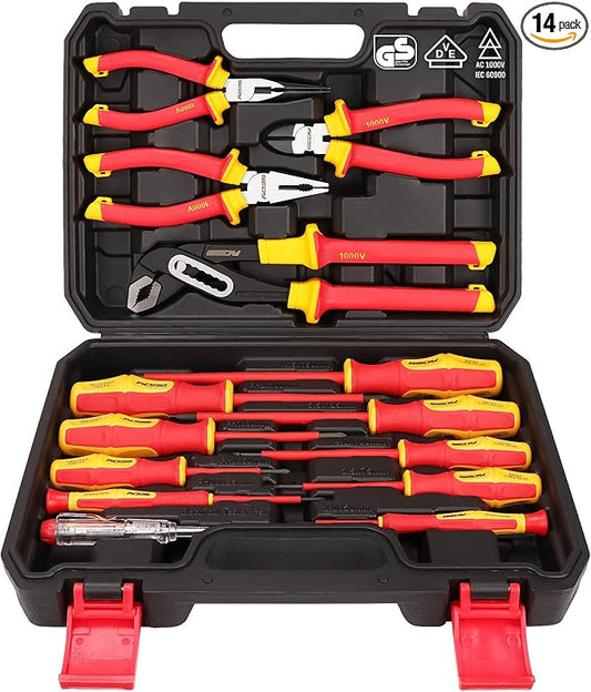 Insulated Screwdriver & Pliers Set: 14-Piece VDE Insulated Set 1000V Insulated Electrician Tool Set with Magnetic Phillips, Slotted Screwdrivers and Insulated Pliers