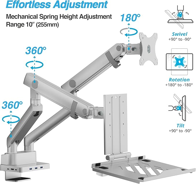 AVLT Dual 17”-38" Monitor Arm Desk Mount with 17" Laptop Tray and USB-C Docking Station, HDMI 4K60Hz, USB-A 5Gbps, Ethernet, 100W PD, Fits Two Flat/Curved Monitor - Gray