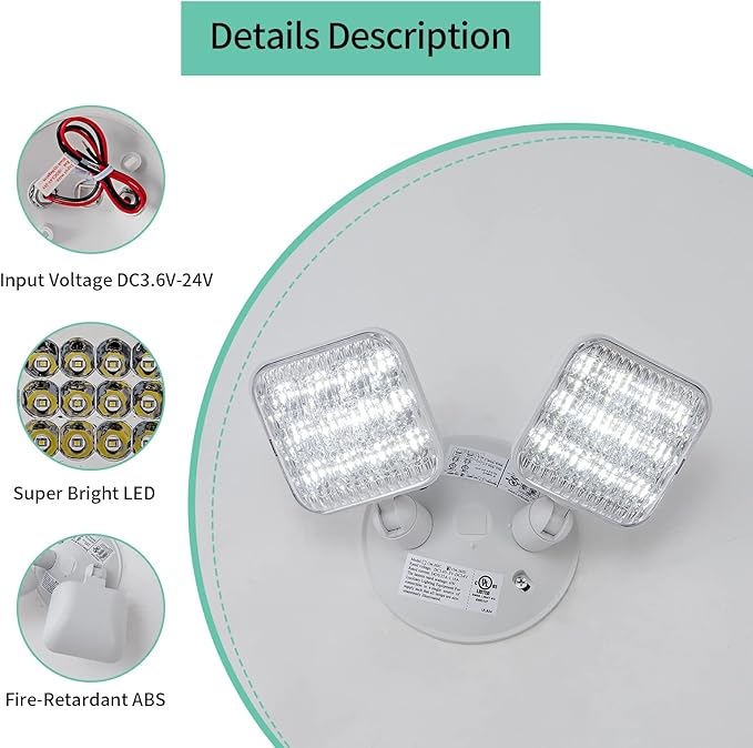 GZRUIYANG Emergency Remote Head Lighting, Double Square Head Emergency Light, UL Listed, Multi Voltage 3.6 to 24 Volt Input, 2 * 3 Watts, 180 Lumen, No Battery Inside