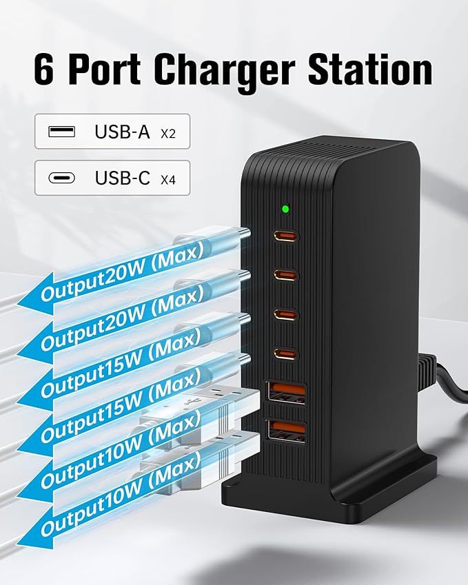 USB C Charger 55W,Multiport USB Charging Station 20W PD,6 Port USB Hub Charger Tower for iPhone 15/14/13/12, iPad, Samsung Galaxy, Google Pixel,HTC, and Multiple Devices (Black)