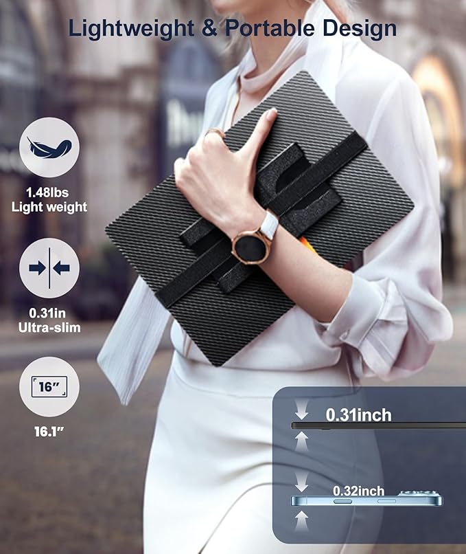 16.1" Portable Monitor, 1200P FHD Laptop Screen Extender, 360° Rotating Detachable Stand, Plug&Play Dual Monitor, Ultra-Thin Zero Frame Portable Screen for Laptop/PC/Mac/Windows/PS5