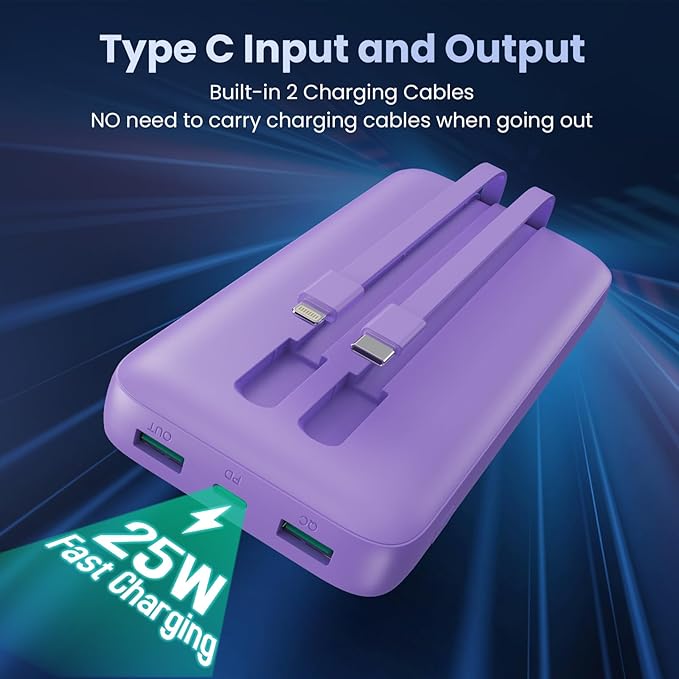 Portable Charger PowerBank 40,800mAh with 2 Built-in Cables,25W PD Fast Charging +QC 4.0 Quick Phone Charging Power Bank, 5 Outputs LCD Display USB C Battery Pack for iPhone 16/15 Android Galaxy etc