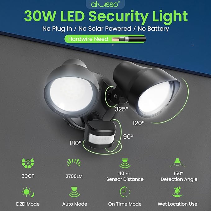 ALUSSO® Motion Sensor Outdoor Lights, 30W 2700LM Flood Lights Outdoor, 3 Modes (Dusk to Dawn/Auto/On Time), 3CCT 3000K/4000K/6500K Waterproof Hardwired Security Light ETL Listed for Porch Garage, 1PC