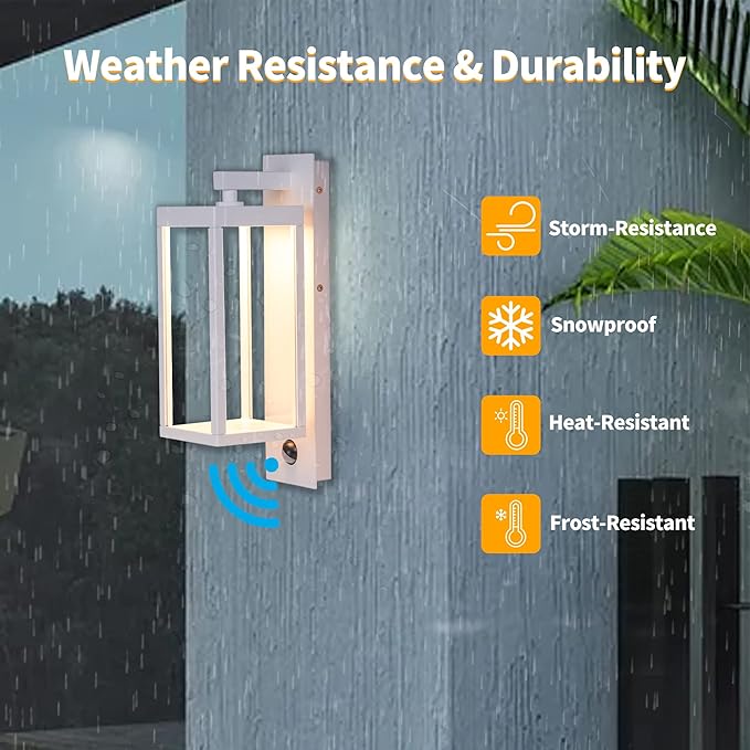 Outdoor Wall Light with Motion Sensor & LED, Waterproof Aluminum Fixture, 750LM 3000K Warm White for Porch Garage Entryway Fence, Exterior Security Sconce Lighting (White)