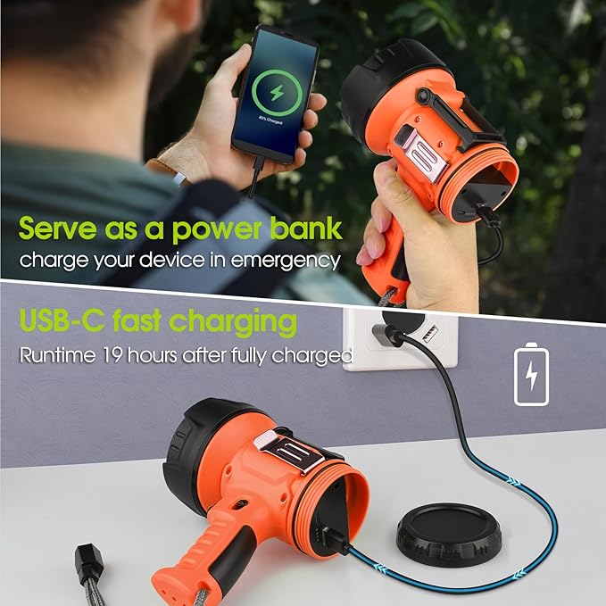 Rechargeable Spotlight Flashlight, IP65 Waterproof Searchlight Handheld Work Light with Foldable Stand and Red Lens- Orange