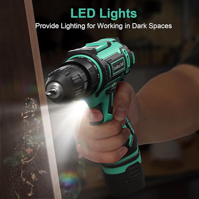 Cordless Drill Set,12V Power Drill Driver 3/8" Keyless Chuck with 42 Acessories, Built-in LED Light, 25+1 Position, Electric Drill for Home DIY Projects（Cyan）