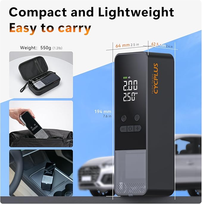 CYCPLUS Tire Inflator Portable Air Compressor - 150PSI Cordless Air Pump with Digital Tire Pressure Gauge, Auto Shut Off, DC/AC 2-in-1 for Car/Motorcycle/E-Bike/Ball