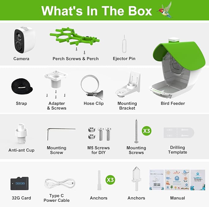 birdsnap® MON - Bird Feeder with Camera, 2K Detachable Video Bird Feeder Live with 32GB Card Fruit Fork, AI Identify Feather Species, Auto Record in Backyard, Ideal Gift for Birds Lover
