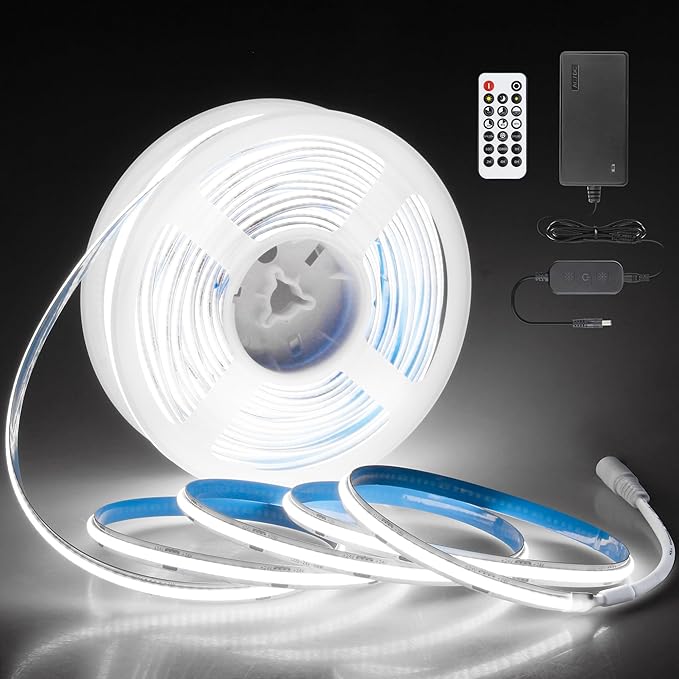 White COB Led Strip Lights 65.6FT/Roll 6500K 24V LED Light Strips with Remote Daylight White Dimmable COB LED Light Flexible LED Rope Light for Bedroom Cabinet Home DIY Lighting 480LED/M Hight Density