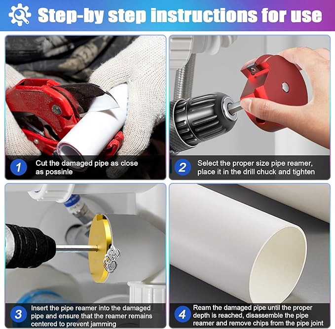 04529 Colored PVC Pipe Reamer, PPRK6 Plastic PVC Pipe Fitting Reamer Kit, Pvc Fitting Saver Fit into Standard 1/2" Drills Pipe Reamer Tool Contains PPR75, PPR100, PPR150, PPR200, PPR300, PPR400