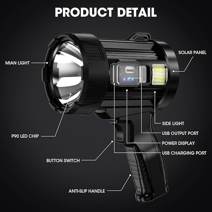 Rechargeable Spotlight, 90,000 Lumens Super Bright Handheld Led Flashlight, Outdoor Spot Light with Cob Light and Solar Panelsfor Boating Camping