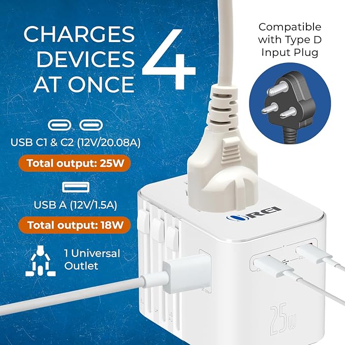 OREI 25Watt Universal Travel Adapter | 2X USBC 1XUSB A - 4-in-1 Universal Power Adapter | Universal Chargers for All Devices compatible 150+ Countries | Type C, A, G, I Compatible