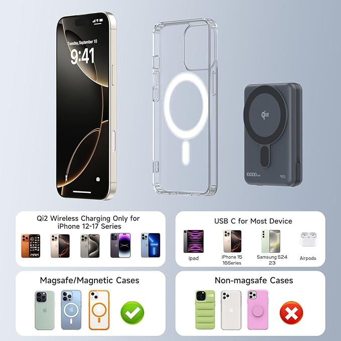 Magnetic Portable Charger 10,000mAh Qi2 Certified 15W Fast Charging Wireless Power Bank, Magsafe Battery Pack with Foldable Stand, PD20W USB C Built in Cable, for iPhone 16/15/14/13/12 Series