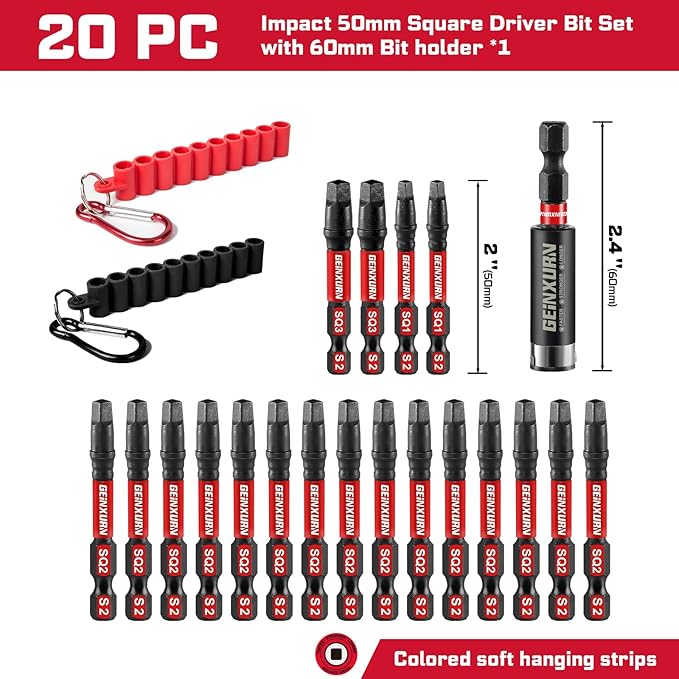 Impact Square Screwdriver Bits Set, 20 Pieces 2”Magnetic(SQ1/SQ2/SQ3) S2 Steel Multi Cross Driver Bits and 1 Pc Bit Holder with Soft Hanging Strips
