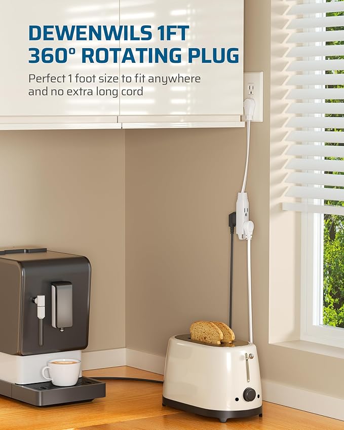 DEWENWILS 1FT 360° Rotating Flat Plug Extension Cord/Wire, 16AWG Multi 3 Outlet Extension Cord, 3 Prong Grounded Wire for Small Appliances, 2 Pack, White