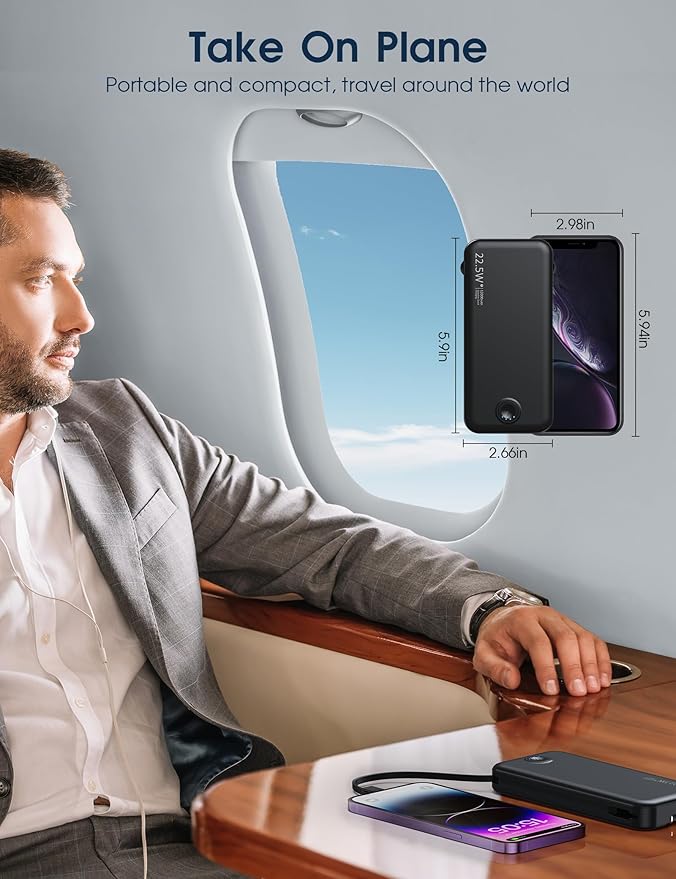 Portable Charger with Built in Cable and AC Wall Plug, USB C Power Bank 12000mAh 22.5W Super Fast Charging, Lightweight Portable Phone Charger Travel Battery Pack for iPhone, ect