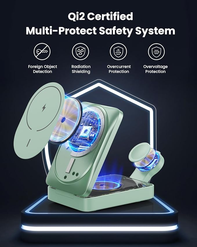 3-in-1 Wireless Charger Charging Station for iPhone, Qi2 Certified 15W Fast Charging Foldable Magnetic Charger Stand with 30W USB C Adapter for MagSafe iPhone 16/15/14/13/12, Apple Watch, AirPods