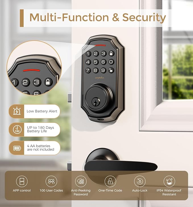 Keyless Entry Door Lock with 2 Handle Set - Smart Electronic Keypad by App - 100 User Codes & One-Time Passcode - Front Door Lock Set - Auto-Lock Front Door - Easy Install