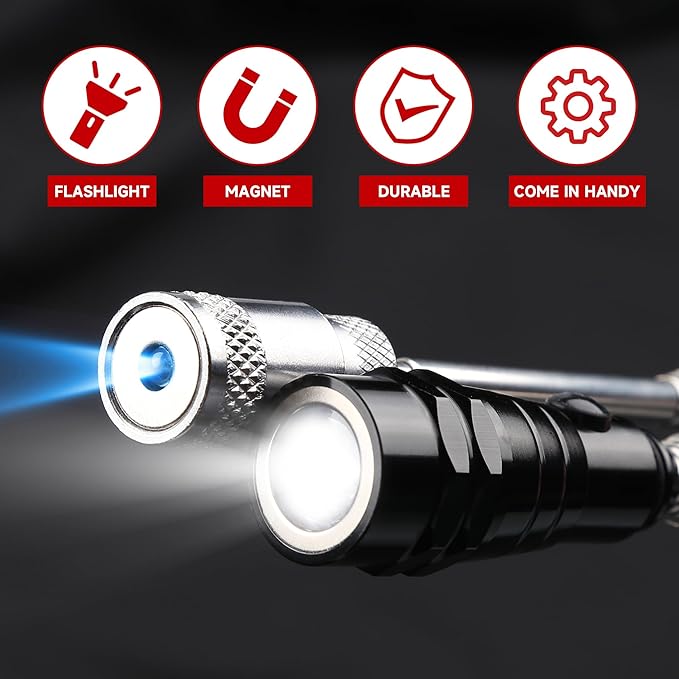 5-Piece Magnetic Pickup Tool Kit - Great Gift for Mechanics - Auto Repair & DIY - Find Nuts/Bolts/Screws - Includes 1lb & 10lb Telescoping Magnets - 360°Mirror & LED Light for Workshop Use