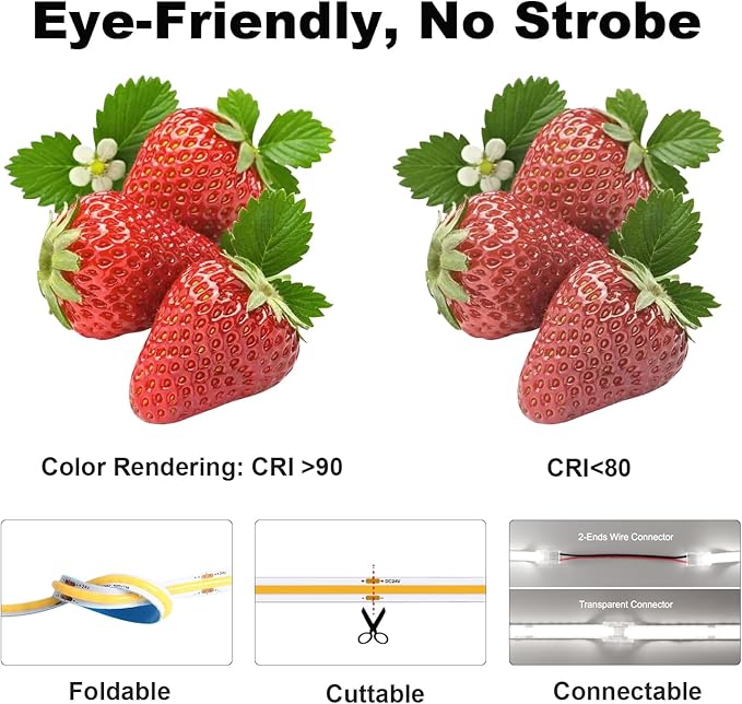 COB LED Strip Lights 5760LEDs, 40FT 6500K Dimmable Cool Light Bright LED Lights for Bedroom Counter Under Cabinet Kitchen