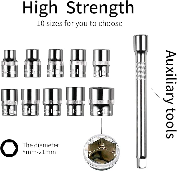 Egofine 12pcs 3/8 Inch Ratchet Socket Wrench Set, Drive Socket Set with 10 Sockets 8-14,17,19,21mm and 2 Way Quick Released Ratchet Handle and Extension Bar