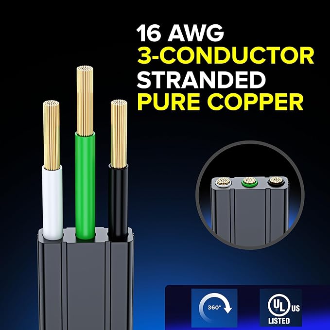 Maximm Cable 20 Ft 360° Rotating Flat Plug Extension Cord/Wire, 16/3 AWG Multi 3 Outlet 3-Prong Grounded Wire- Black - UL Certified