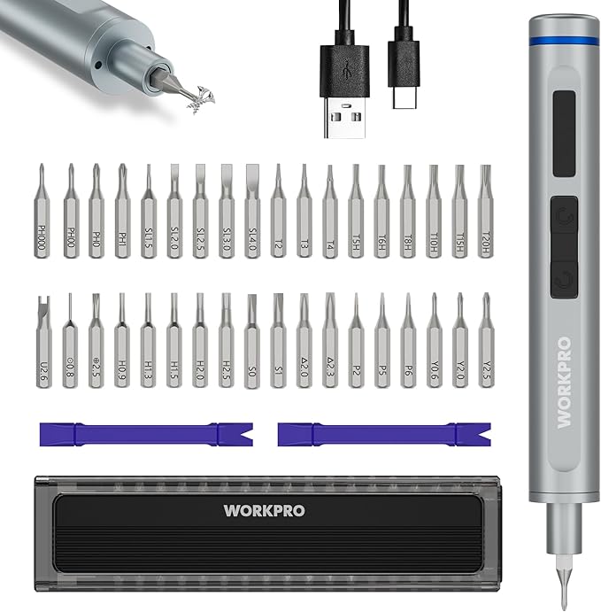 WORKPRO 38 in 1 Electric Screwdriver, 3.7V Electric Precision Screwdriver with Magnetizer and S2 Steel Bits, Max 0.3N.m, Cordless Mini Power Screw Driver for Electronics Phone Camera Laptop