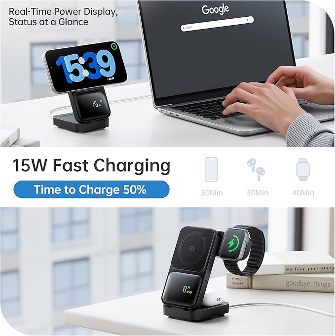 GUSGU 3 in 1 Wireless Charging Station with Real-Time Power and Time Display, Foldable Charging Stand, Compatible with iPhone 17/Air/16/15/14/13/, Apple Watch Series 11/SE3/ Ultra 3, AirPods Pro 3
