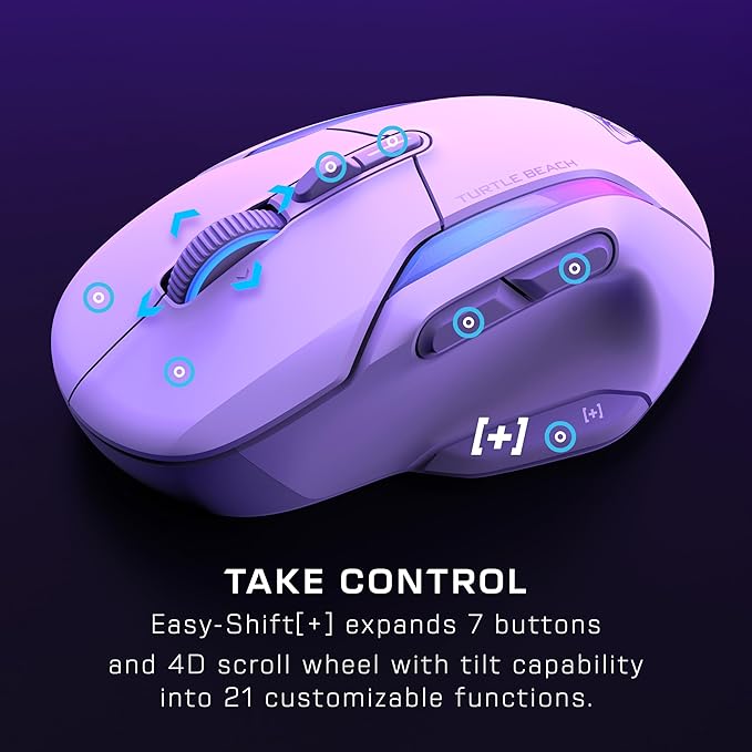 Turtle Beach Kone II Air – Wireless Ergonomic RGB Gaming Mouse, 350-Hr Battery, 26K DPI Optical Sensor, 100M Click Optical Switches, 21 Customizable Inputs, 4D Free-Spin Scroll Wheel – Arctic White