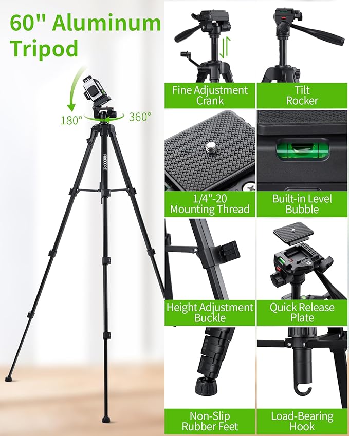 Laser Level 360 Self Leveling with 60" Tripod, Firecore 3 X 360° Rechargeable Green Lazer Leveler Tool for Picture Hanging Wall Tile Construction, 2 Battery Packs and Magnetic Bracket Included